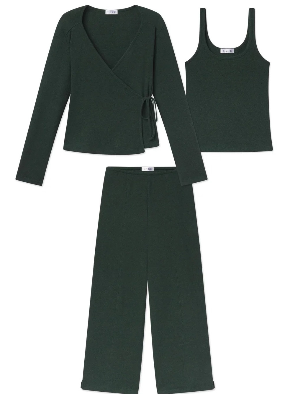 Pima Rib Wrap Three-Piece Pants Set in Trekking Green Heather